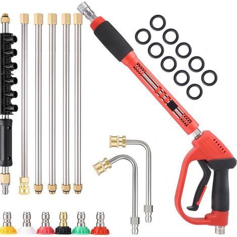 Lance de Nettoyage Haute Pression 5000 PSI, Pistolet avec 6 Extensions et 2 Tiges Courbes, Embouts Pulvérisation pour Nettoyeur Voiture, Maison, Terrasse, Jardin - (1/5)
