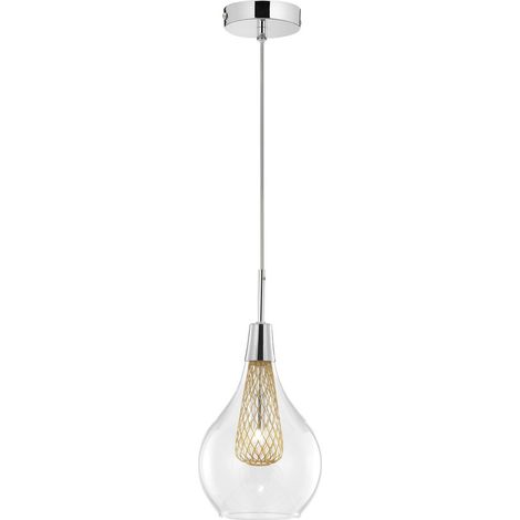 Merano Esquimalt 16cm Dôme Suspension Plafonnier Chrome Aluminium Verre Clair, Cadre Doré LED G9