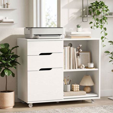 Meuble pour imprimante à roulettes, 3 tiroirs, barre réglable, 2 étagères ouvertes et poignées pour documents A4, blanc (1/5)