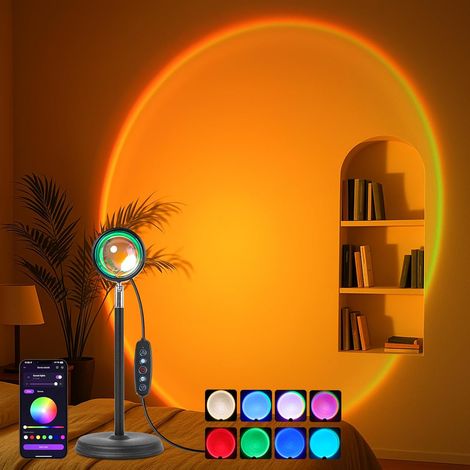 Lampe Coucher de Soleil, Sunset Lamp avec USB, Lumière Arc-en-Ciel Veilleuse LED Réglable en Hauteur 16 Couleurs 4 Modes dynamiques Deux Télécommandes Rotation 180°, Selfie/Photographie/Fête (1/5)