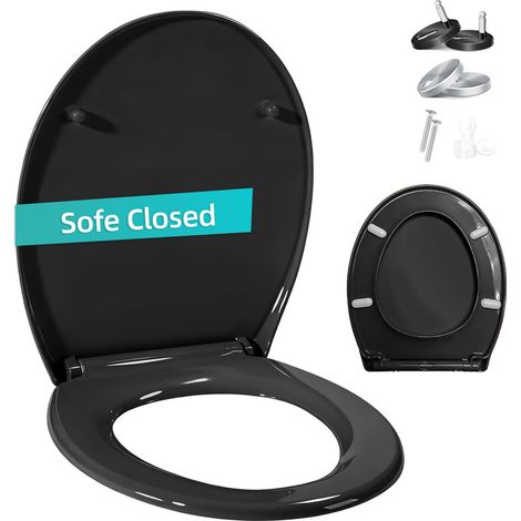 Abattant WC ovale à fermeture ralentie - Siège de toilettes antibactérien déclipsable - Supporte jusqu'à 250 kg - Forme universelle - Avec couvercle - Noir (1/5)