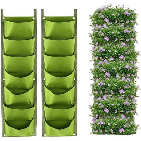 Hanging Planter Bags, 2 Pack 7 Pockets Vertical Hanging Wall Planter Planting Grow Bags Indoor Outdoor Gardening Vertical Green Flower Pot (Green)