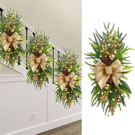 Déco d'escalier Noël avec fils lumineux couronne factice déco pour porte escalier mur fenêtre doré (1/3)