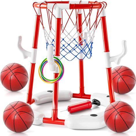 Panier de Basket Flottant Piscine Rouge 2 en 1, Jeu Basketball Aquatique avec 4 Ballons et 12 Anneaux à Lancer, Jouets Piscine Enfants (1/5)