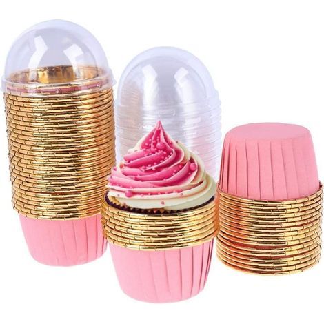 Lot de 50 moules à cupcakes jetables en aluminium avec couvercle, or rose, résistants à la chaleur, antiadhésifs, pour fêtes et célébrations (1/5)