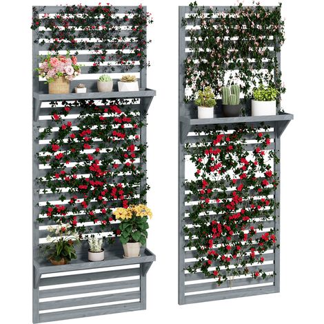 Set of 2 Wall-Mounted Plant Stands in Grey Fir Wood with Shelves and Slatted Trellis for Balcony,Patio,or Porch