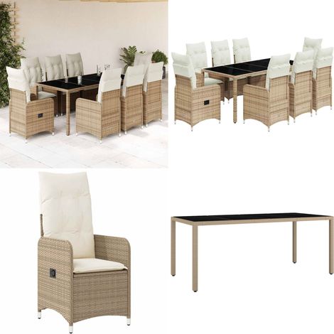Set da Bistrò da Giardino 9 pz con Cuscini Beige in Polyrattan - Sedie da giardino reclinabili - Tavolo da giardino in vetro