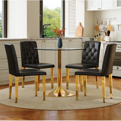 Tisch- und Stuhlset aus Glas und Metall, 4-Sitzer, Schwarz/Gold, modernes Design (1/5)