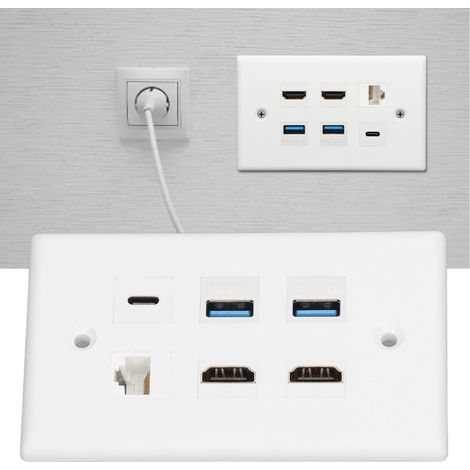 Plaque murale 6 ports : 2xHDMI, 2xUSB 3.0, 1xUSB-C, 1xRJ45 Cat6 pour TV, projecteur, ordinateur