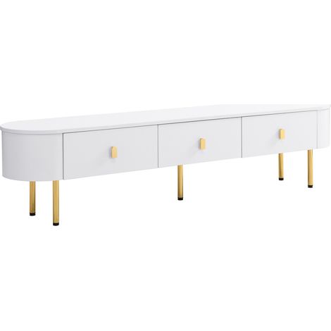 TV-Lowboard mit 3 Schubladen, Goldgriffen und Goldfüßen, Abgerundete Ecken, Lackfinish, aus MDF, 174×35×41 cm, Weiß (1/5)