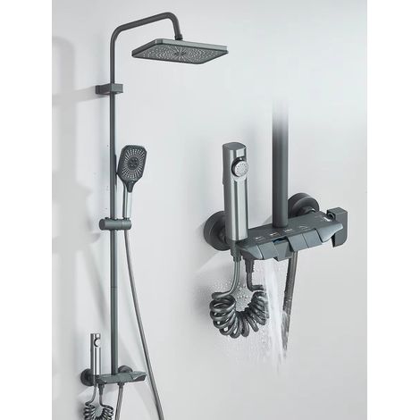 Système de douche type piano avec mitigeur – douche pluie, douchette et robinet de bidet
,Gris