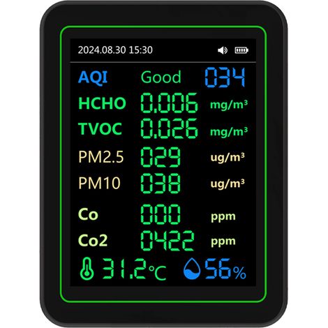 Testeur de qualité de l'air CO2 HCHO TVOC PM2.5 PM10, capteur de température et d'humidité, détecteur d'écran TFT noir (1/5)