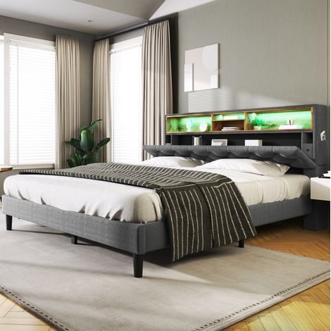 Lit double rembourré avec tête de lit de rangement et éclairage led 140 200 cm gris cadre en bois massif