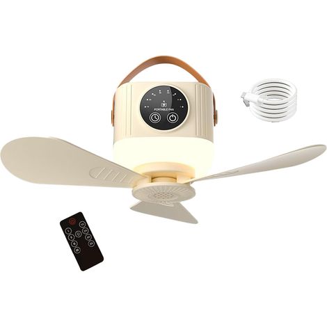 Ventilatore da soffitto portatile - Batteria da 3600 mAh, luce LED, 4 velocità, telecomando - Ideale per campeggio e giardino - Giallo crema (1/5)