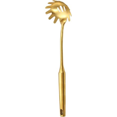 Set aus 6 Küchenutensilien aus Edelstahl: goldene Suppenkelle, Spatel, rostfrei, modernes Design und 1 Pastalöffel.