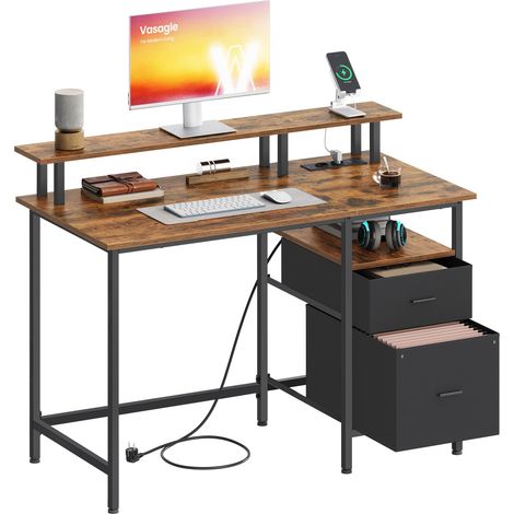 Bureau Gaming, avec Tiroirs en Tissu, Table Informatique avec Support d'Écran, Multiprise, 2 Ports USB, pour Bureau à Domicile, 120 x 60 cm, Marron Rustique (1/5)