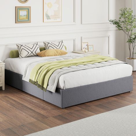 Struttura Letto Matrimoniale a Doghe con 3 Cassetti, in Legno, Poliestere e Metallo, 165x193x30 cm, Grigio