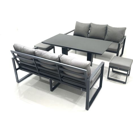 Fimous 8 Seater Aluminium Outdoor Garden Furniture Set with Adjustable Rising Lifting Dining Table 3 Seater Sofa 2 Small Footstool Dark Grey (1/5)