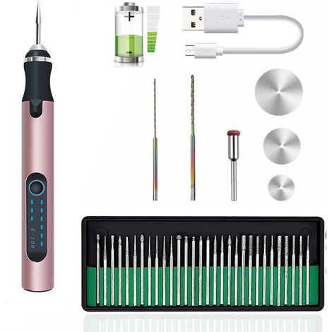 Stylo de gravure électrique sans fil, stylo de micro-gravure avec jeu de disques de ponçage et 30 pointes de meulage, mini outil de gravure professionnel rechargeable par USB pour bijoux, bois, métal, (1/5)