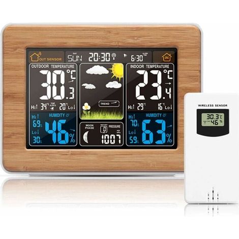 Station météo sans Fil avec capteur extérieur – avec Heure, Date, température, humidité, baromètre, Alarme, Affichage des Phases de Lune, thermomètre Multifonction (Noir) (1/5)