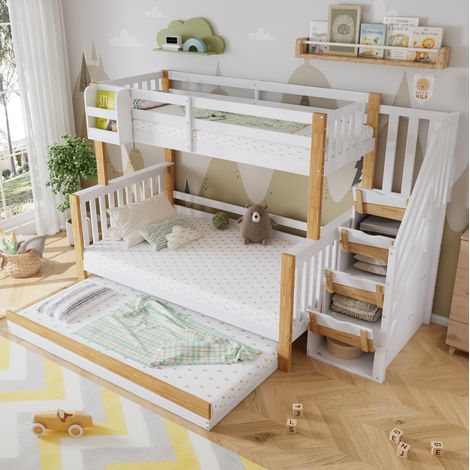 Lit superposé enfant 90 x 200 cm blanc et bois avec rangement et lit gigogne (1/5)