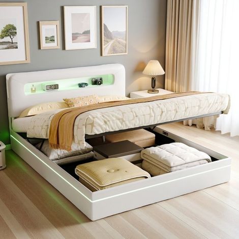 Bett mit Stauraum 140x200 cm - Doppelbett 140x200 cm mit LED - Aufbewahrungstruhe - Erwachsenes Bett 140x200 cm - Samtstoff - Beige (1/5)
