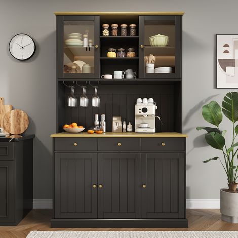 Credenza alta 120 x 40 x 191 cm con ante in vetro, porta-bicchieri e prese USB OKMYHOME (1/5)