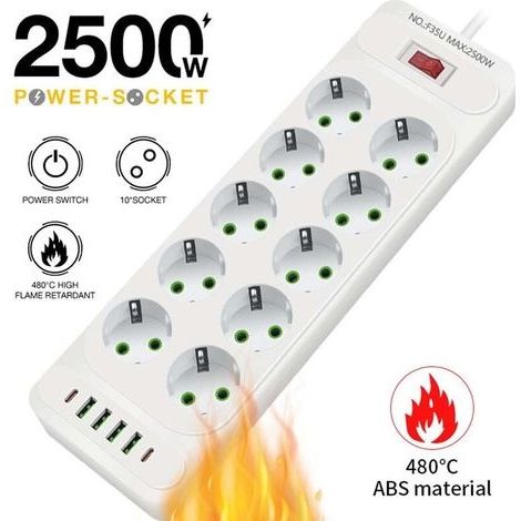 Multiprise USB 10 Prises avec 4 Ports USB Chargeur de Voyage (5V3.1A) 1 USB C,Multiprises Electrique 2500W 10A avec Cable 2m,Maison, Bureau-Blanc (1/4)