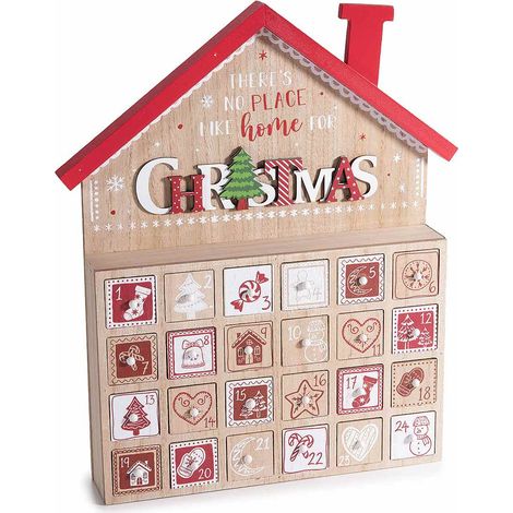 Calendari dell'Avvento in legno a casetta con scritta Christmas. Dotato di 24 cassettini numerati decorati con motivi natalizi, cm 30 x 5,5 x 35 H