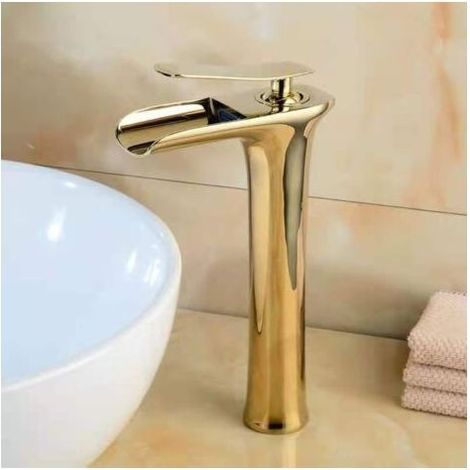 Robinet mitigeur de lavabo cascade doré, cuivre, robinet d'évier chaud et froid, bec cascade, poignée unique, robinet de lavabo de salle de bain à trou unique, haut (1/5)