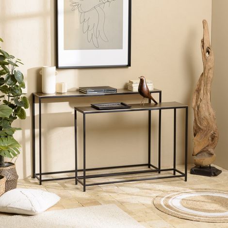 JOHAN - Set de 2 consoles gigognes aluminium doré et noir pieds métal (1/5)