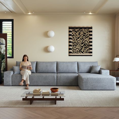 Sofá modular de 4 plazas de pana con chaise longue a la derecha, sin montaje, Gris