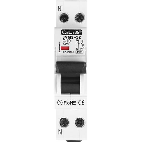 CILIA Interruptor Automático Magnétotérmico (MCB) 1P+N DPN, 240V/220V, Curva C (6-32A), 4.5kA, 1 Módulo para Carril DIN In=10A (JVM9-32-1P-10A) (1/5)