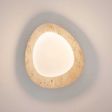 Applique ou plafonnier rond LED en travertin beige avec diffuseur blanc - Nyméria (1/5)