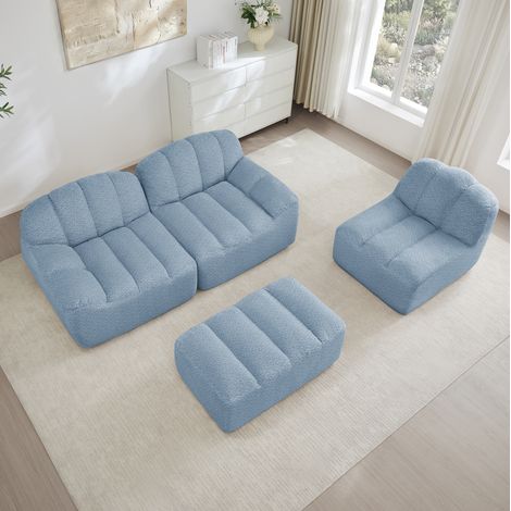 Divano angolare modulare 3 posti con 1 pouf, forma L, seduta profonda, tessuto blu DESVIAE (1/5)