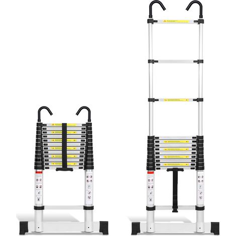 Jiubiaz Échelle télescopique en aluminium argentée de 3,8 m avec 2 crochets et stabilisateur, charge maximale 150 kg