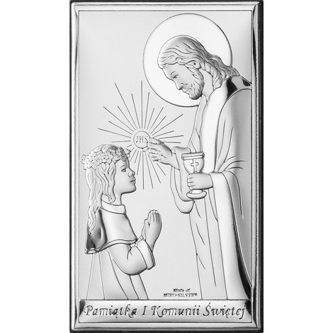 Imagen de plata del Señor Jesús con una niña, recuerdo de la primera comunión + grabado 761 6 x 11 cm (1/5)
