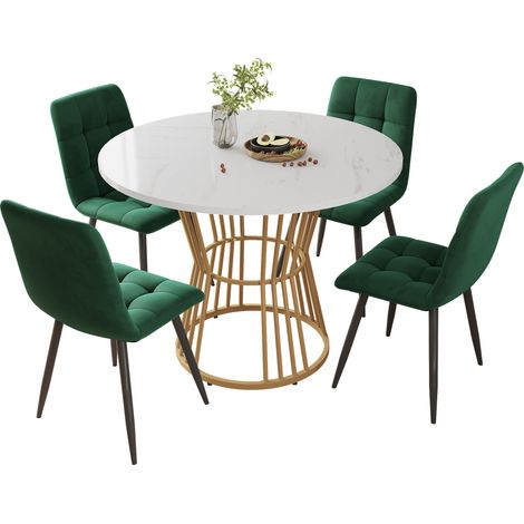 ELVMI Tisch und Stuhl Set mit 1 Rundtisch und 4 Stühlen, MDF Tischplatte in Marmoroptik, Metall und Multicolor (1/5)