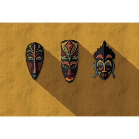 Papier peint panoramique jaune ocre avec masques africains Tapisserie panoramique ethnique pour salon Papier peint panoramique idéal pour escalier (1/2)