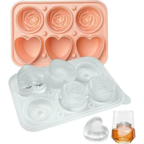 Stampo per cubetti di ghiaccio in silicone con coperchio a imbuto. Forme 3D di rosa e cuore per cocktail a base di whisky. (1/4)
