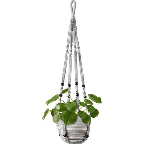 Un panier suspendu pour plante d'intérieur en corde de coton grise, de 85 cm de long, avec des perles en bois mais sans crochets. (1/5)