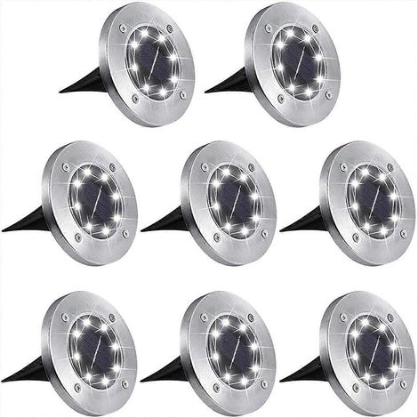 Lot de 8 lampes solaires LED en forme de disque, étanches et à enfouir sous une terrasse ou un chemin de jardin. (1/5)