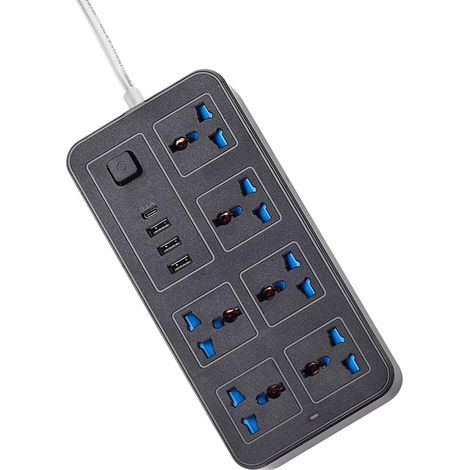 Multiprise, 6 prises, protection contre les surtensions avec 3 ports USB, 1 port Type C, rallonge de 1,8 m, sans protection, bouton marche/arrêt, voyant lumineux, pour chambre d'étudiant (prise UE) (1/5)