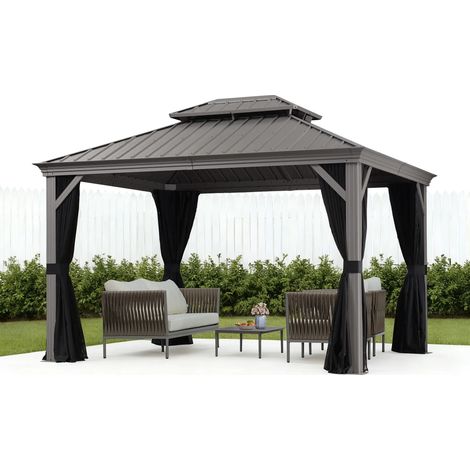 PURPLE LEAF 3,65 x 3 m tonnelle de jardin, pergola aluminium extérieure avec moustiquaire et rideaux, hardtop pavillon double toit en acier galvanisé, gris clair (1/5)