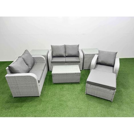 Fimous High Back Poly Rattan Garden Furniture Set with Reclining Chair Loveseat Sofa Rectangular Coffee Table Indoor Outdoor Patio Set Big Stool 2 Side Table Light Grey (1/4)
