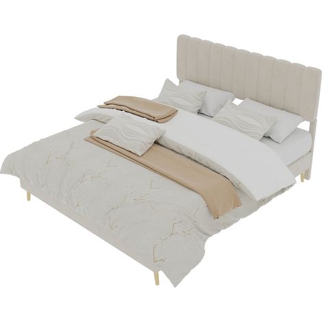 Lit rembourré moderne minimaliste avec tête de lit moelleuse, 140x200 cm, beige, meuble de chambre multifonctionnel, base basse sans rangement (sans vérin à gaz), matelas non inclus. (1/5)
