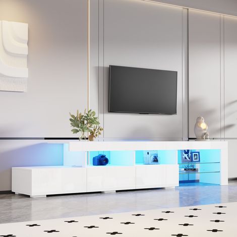 Meuble TV avec éclairage LED, façade laquée brillante, trois tiroirs, compatible avec les téléviseurs jusqu'à 75 pouces, idéal pour le salon, la chambre et la salle à manger, blanc, 180 x 35 x 45 cm (1/4)