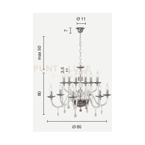 LAMPADARIO LIVIA 12 LUCI BIANCO- TRASPARENTE E CROMO ATTACCO E14 D.85CM
