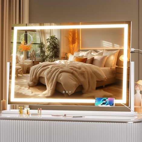 Hasipu Schminkspiegel mit Beleuchtung 97 x 64 cm, LED Kosmetikspiegel mit Handyhalterung und USB-Ladeanschluss, 360° Drehung Tischspiegel für Make-up Gerade Weiß