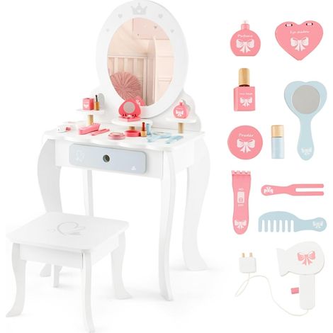 COSTWAY Toeletta Trucco per Bambina 2 in 1, Set di Tavolo Trucco e Sgabello per Bambine con Specchio Rimovibile e Cassetto, Toeletta Trucco per Bambine con giocattoli 3 Anni+ (Modello 1) (1/5)